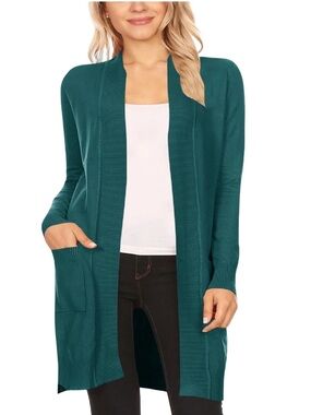 Cielo | Women’s Long Open-Front Teal Cardigan with Pockets | L